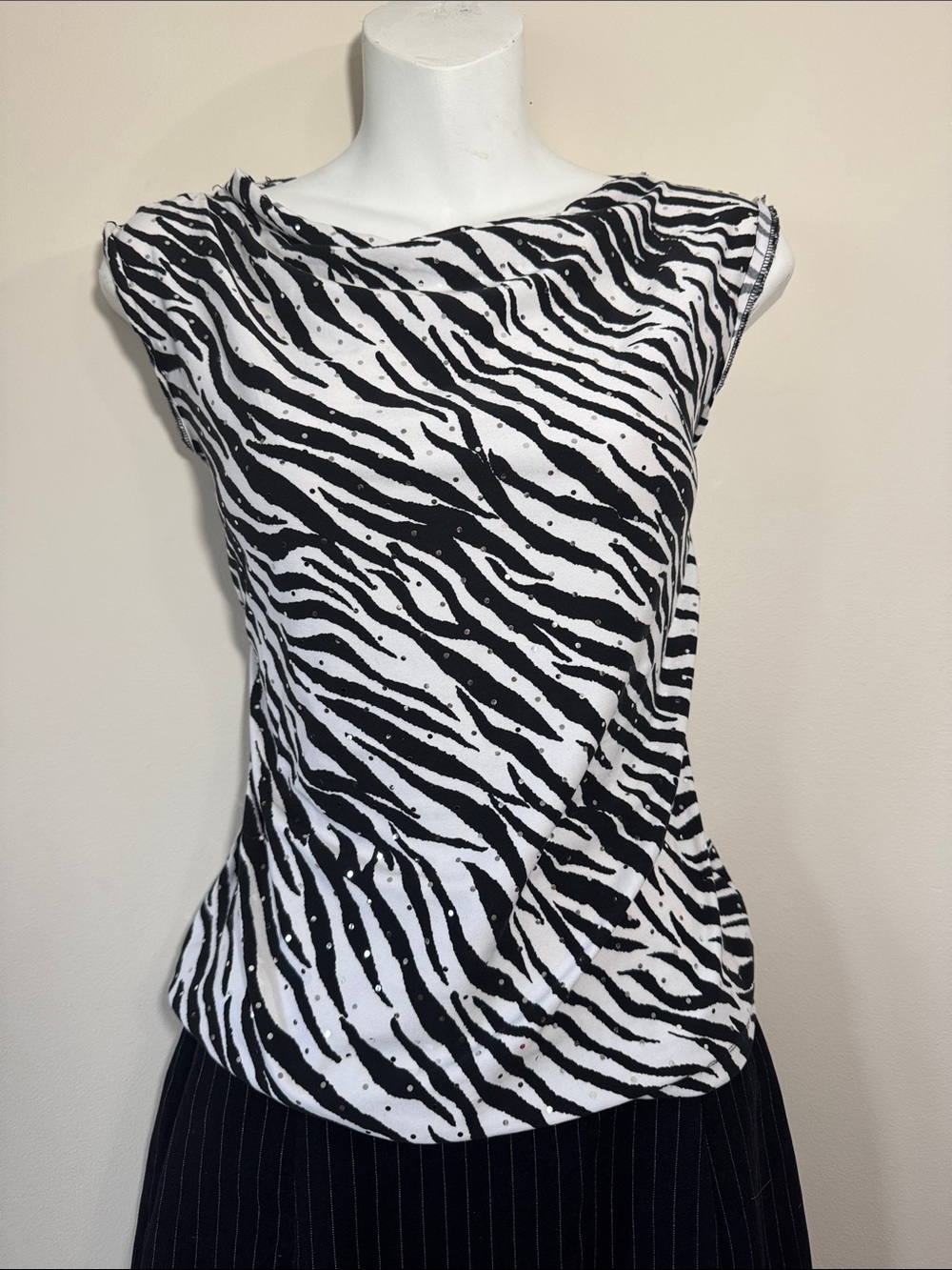 1990s Brochure Grunge Zebra Print Sequin Sleeveless Top